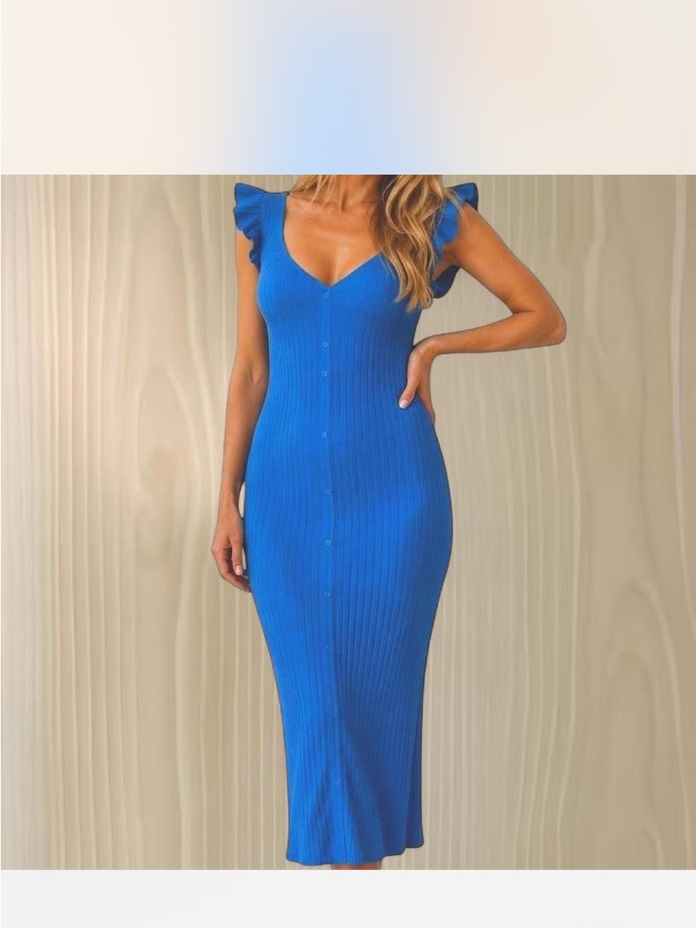 Zara Bright Cobalt Blue Ribbed Button-Front Midi Dress